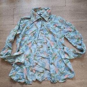 Womens Button Up Shirt 70s Vintage Size Small Geometric Retro Pattern Collared